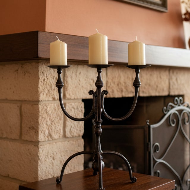 Hand Forged Iron Candelabra 19.5″ (50cm) Antique Copper Finish Wide & Conversation Friendly Tabletop Centerpiece For Sale - Image 4 of 8