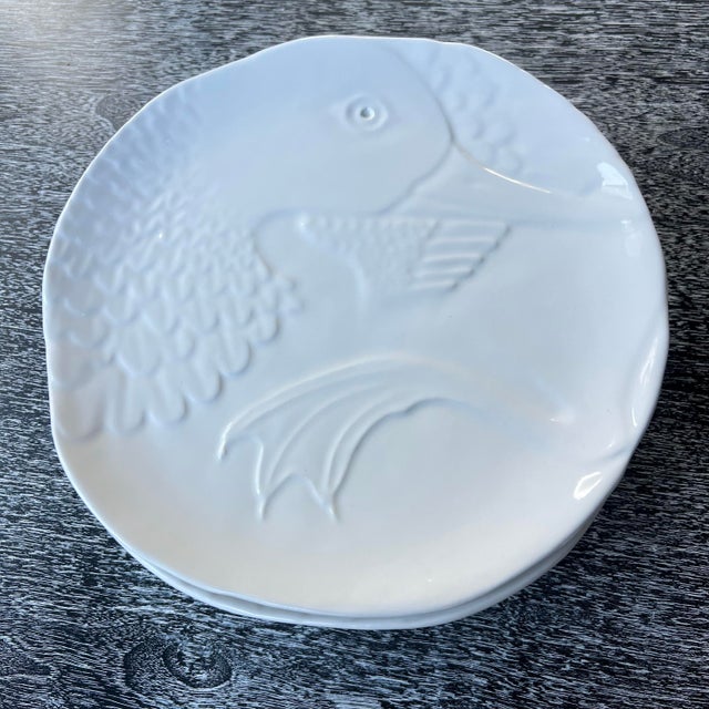 Set of 8 beautiful white handmade Majolica style dishes featuring a duck or swan. Ink stamped, Mancer, Made in Italy, Hand...