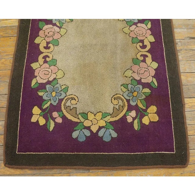 1890s Purple Medallion Floral Handmade Folk Art Antique American Hooked Rug For Sale - Image 9 of 10