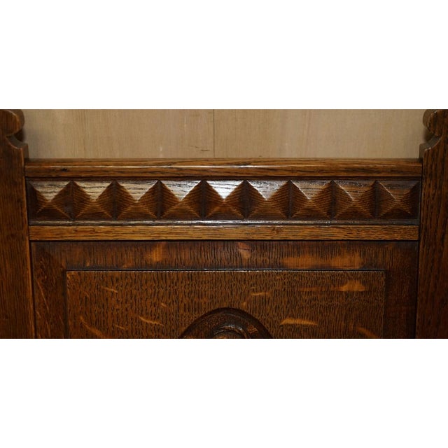 Set of Antique English Carved Oak Armchairs with Armorial Crest Coat of Arms, 1860 For Sale - Image 9 of 18