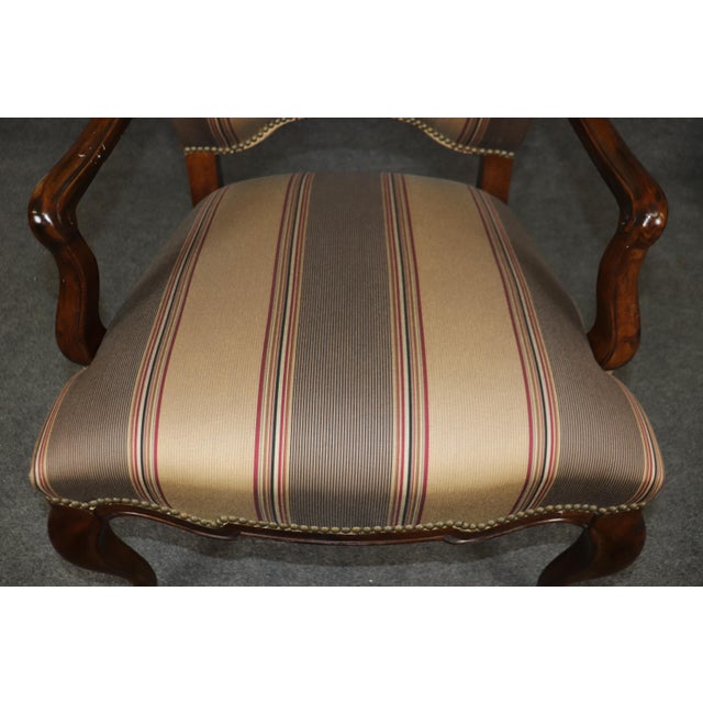 French Pair of Gorgeous Century French Louis XV Walnut Armchairs Striped Upholstery For Sale - Image 3 of 12