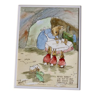 Late 20th Century Peter Rabbit Takes Camomile Tea for Bed Original Watercolor by Anne Murray For Sale