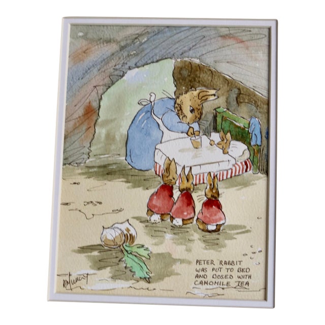 Late 20th Century Peter Rabbit Takes Camomile Tea for Bed Original Watercolor by Anne Murray For Sale