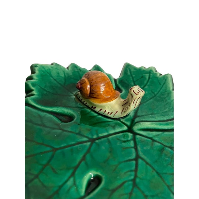 Majolica Vintage Green Majolica Leaf Plate With Snail Motif, French Country Style For Sale - Image 4 of 8