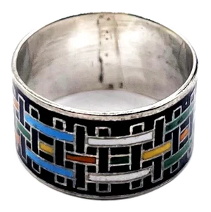 Modernist Geometric Basketweave Enamel Sterling Ring Size 8