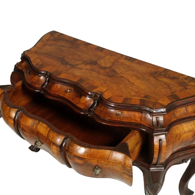 Important precious 19th century Venetian Baroque low dresser console, hand-carved walnut, and burl walnut inlaid All solid...
