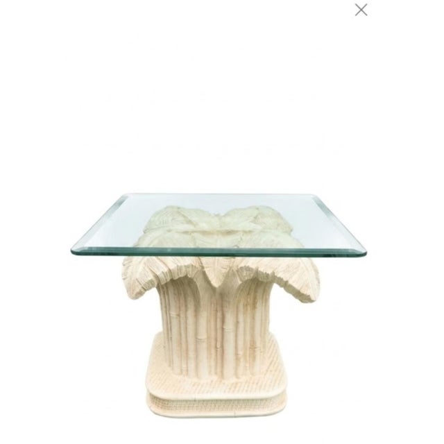 Vintage Plaster Cream Palm Beach Regency Palm Leaf Serge Roche Style Glass Top Side Table For Sale In West Palm - Image 6 of 7