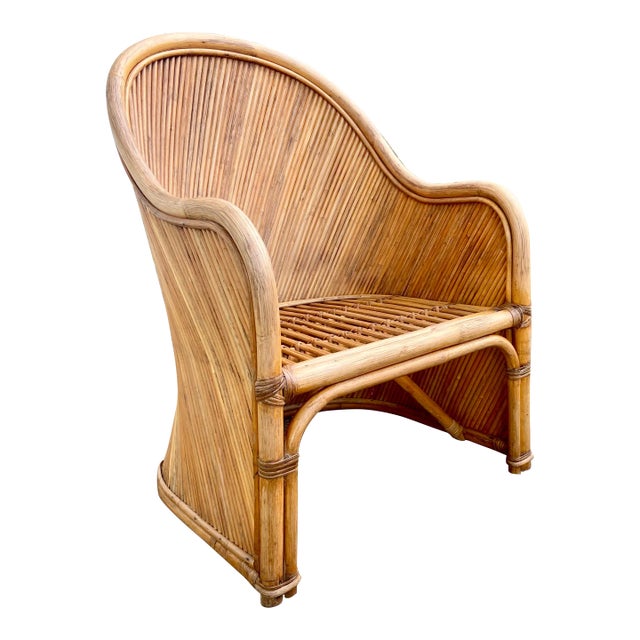 Stunning Split Reed + Rattan Barrel Club or Lounge Chair | Hollywood Regency to Mid Century Modern in a Gabriela Crespi For Sale