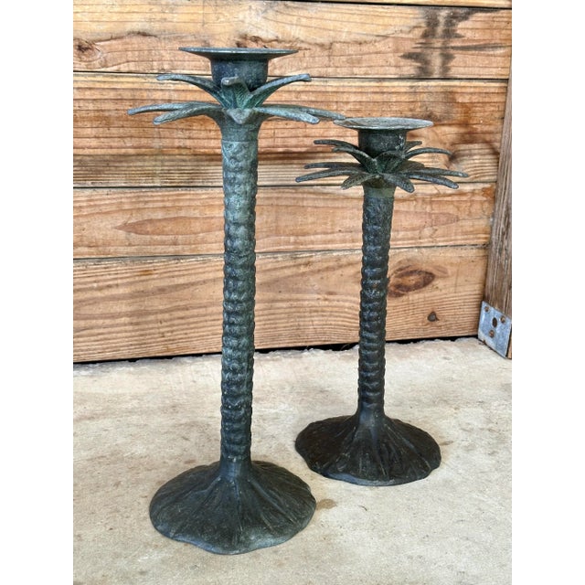 Rustic Pair Vintage Coastal Rustic Metal Palm Tree Staggering Candlestick Holders For Sale - Image 3 of 11