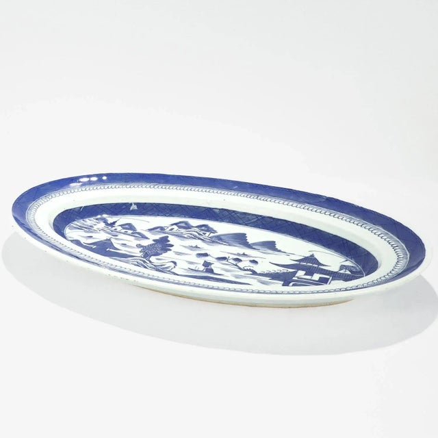 Large Antique Blue & White Canton Chinese Export Porcelain Fish Platter or Tray For Sale - Image 4 of 12