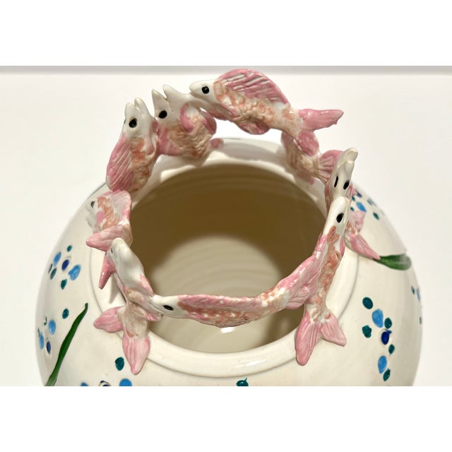 Ceramic Sue Mattox Signed Art Pottery Vase Koi Fish Rim Sculptural Coastal Vessel For Sale - Image 7 of 13