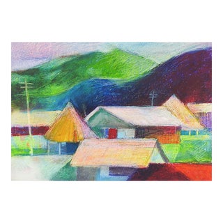 Late 20th Century Modernist Mountain Town Painting For Sale