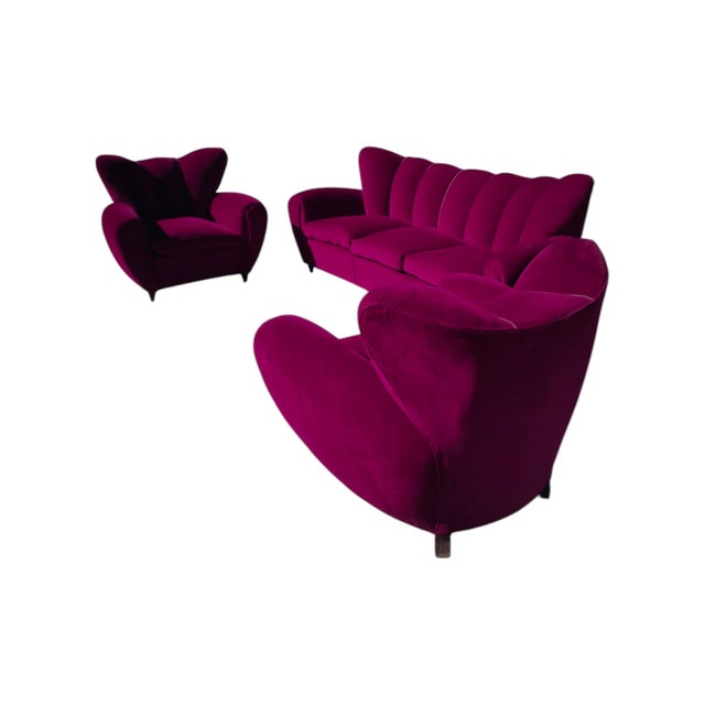 Textile 3-Seater Sofa and Armchairs in Velvet attributed to Guglielmo Ulrich, 1950s, Set of 3 For Sale - Image 7 of 15