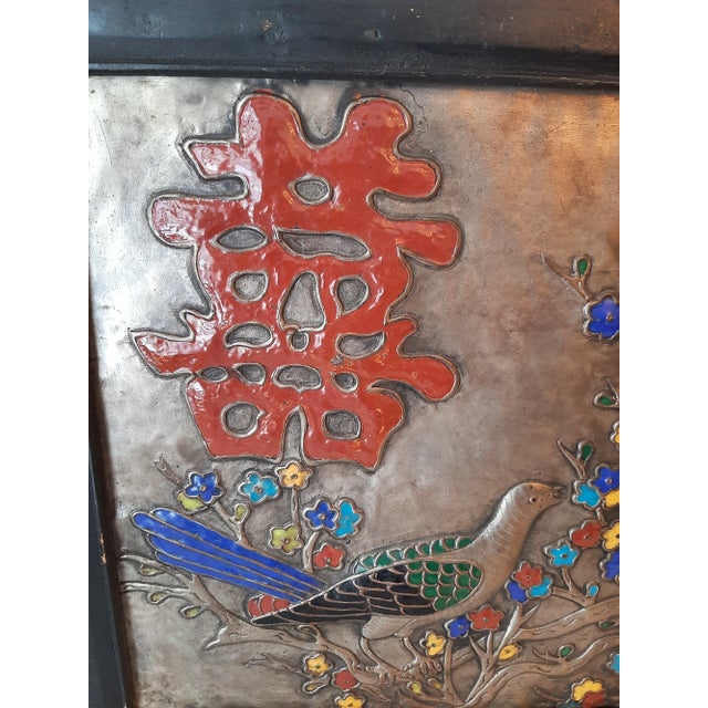 Vintage Pair of Asian Enamel on Metal Birl Floral Wall Art For Sale - Image 9 of 13
