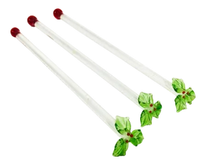 2000s Hand-Blown Art Glass Christmas Holly Berry Drink Stirrers- Set of 3