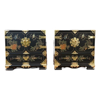 1990s Chinoiserie Black Lacquered Hand Painted Cabinet Set of 2 For Sale