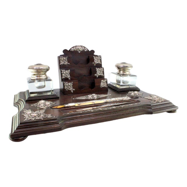 Rosewood and Glass Inkwell with Silver Applications, Pens, Business Card Holder and Feet For Sale