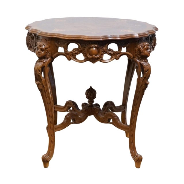 French Provincial Vintage Antique Mahogany & Walnut Louis XV French Provincial 29" Accent Table W. Cherubs and Acanthus Leaf Carvings For Sale - Image 3 of 7