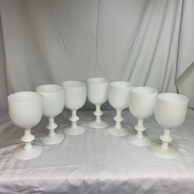 Glass 1930s French Portieux Vallerysthal White Opaline Water Goblets 6.5” - Set of 7 For Sale - Image 7 of 9