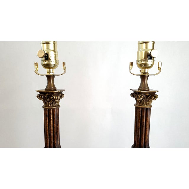 Lamp Pair & Shades Faux Metal Bamboo Restored For Sale - Image 9 of 18