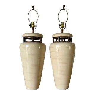 80's Vintage Beige Ceramic Glazed Table Lamps - a Pair For Sale