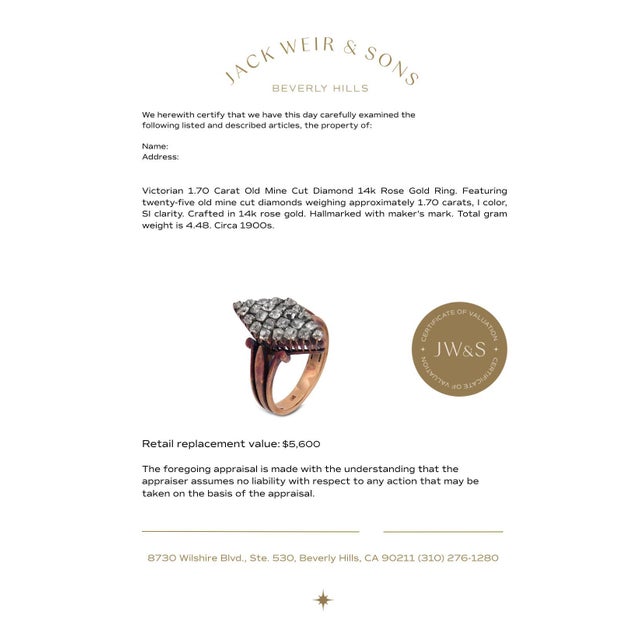 Metal 19th Century Victorian 1.70 Carat Old Mine Cut Diamond 14k Rose Gold Ring, Size 4.5 For Sale - Image 7 of 7