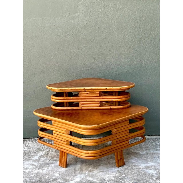 Camel Vintage Stacked Rattan Side Table After Paul Frankl For Sale - Image 8 of 12