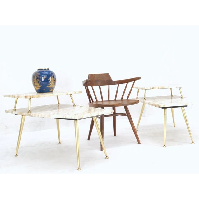 Pair of Asymmetrical Wedge Two Tier Marble Top Tapered Brass Legs Side End Table For Sale - Image 6 of 13