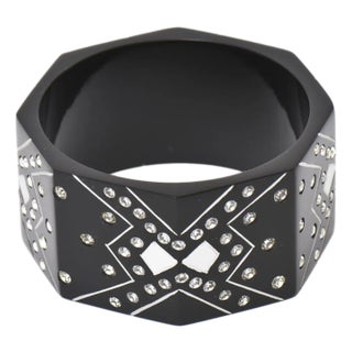 French Art Deco Style Black Resin and Rhinestone Angled Cuff Bangle Bracelet 80's For Sale