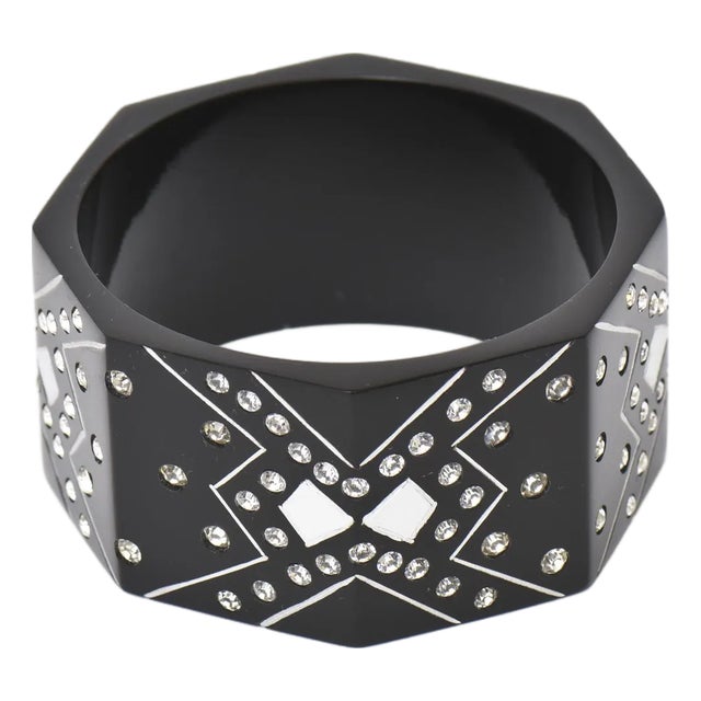 French Art Deco Style Black Resin and Rhinestone Angled Cuff Bangle Bracelet 80's For Sale