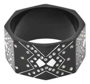 French Art Deco Style Black Resin and Rhinestone Angled Cuff Bangle Bracelet 80's
