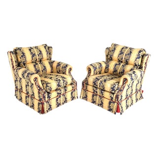 Late 20th Century Pair Peter Guild Upholstery Fine English Fabric Upholstered Rolled Arm Lounge Chairs For Sale