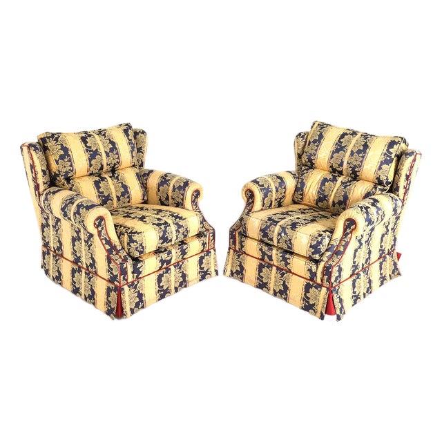 Late 20th Century Pair Peter Guild Upholstery Fine English Fabric Upholstered Rolled Arm Lounge Chairs For Sale