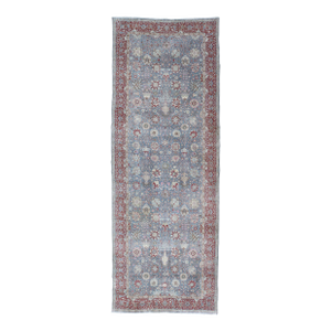 Very Large Antique Turkish Oushak Gallery Rug in Soft Blue, Red, and Ivory Tones 8'8 X 24'5