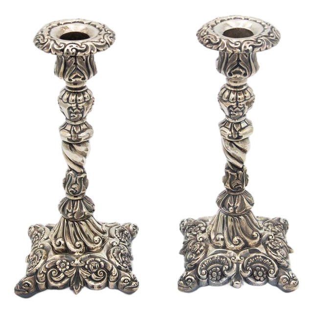 Silver Candlesticks with High Reliefs, Set of 2 For Sale