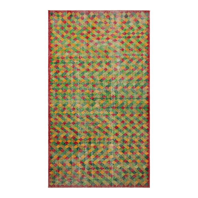 1960s Vintage Art Deco Rug in Green, Yellow, Red Distressed Geometric ...