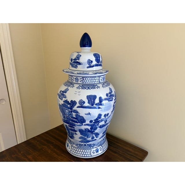 Chinoiserie Monumental Blue and White Chinoiserie Porcelain Ginger Jar For Sale - Image 3 of 12
