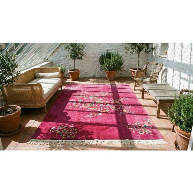 1930s Bright Pink Floral Modern Antique Chinese Art Deco Rug 8' 9'' X 11' 2'' Handknotted Wool Carpet For Sale - Image 9 of 9