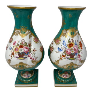 Pair of Antique English Rockingham Porcelain Vases, Hand Painted Floral, Gilt Turquoise Ground, C. 1830 to 1842 For Sale