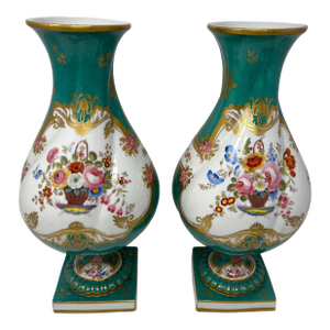 Pair of Antique English Rockingham Porcelain Vases, Hand Painted Floral, Gilt Turquoise Ground, C. 1830 to 1842