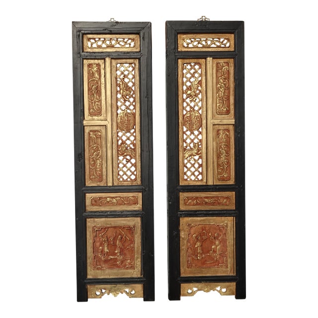 Pair Antique Chinese Hand Carved Gold & Red Panel Screens Pictures Wall Decor For Sale