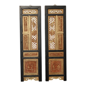 Pair Antique Chinese Hand Carved Gold & Red Panel Screens Pictures Wall Decor