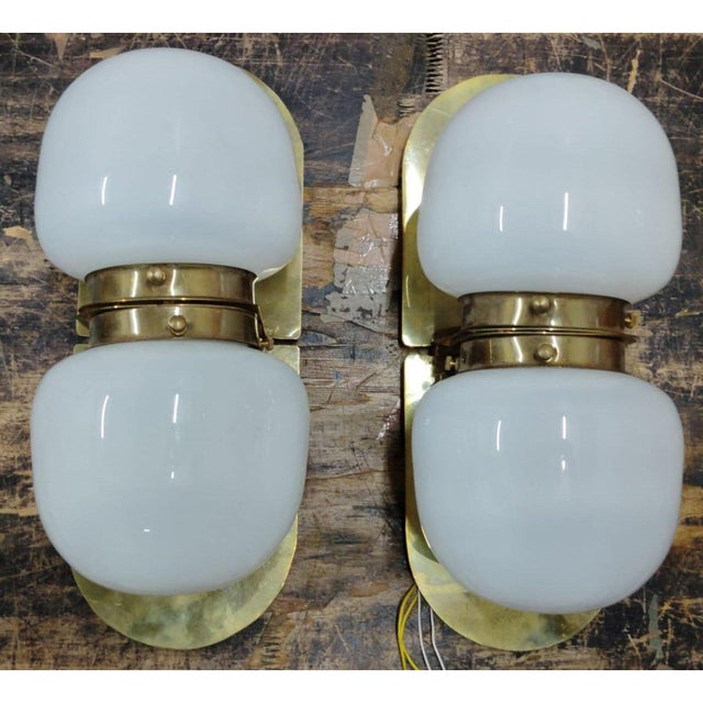 Vintage Art Deco Light Old Lamp Wall Sconces Fixture Brass & Milk Glass Shade Lamp Ship Light - a Pair For Sale - Image 4 of 5