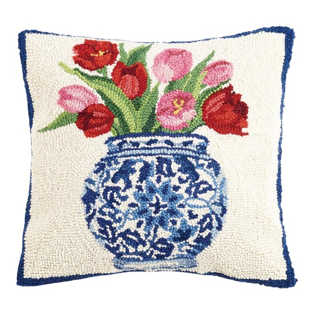 Cinoiserie Vase Tulips Hook Pillow, 16" x 16" For Sale