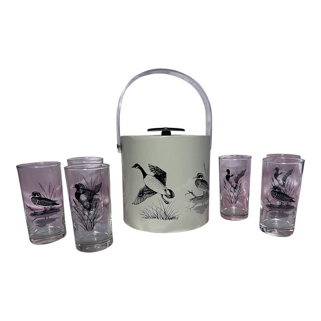 Vintage Duck Glasses With Matching Ice Bucket Set- 7 Pieces For Sale