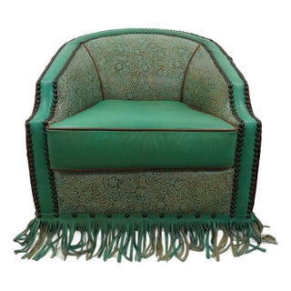 Western-Style Embossed Leather Swivel Barrel Chair For Sale