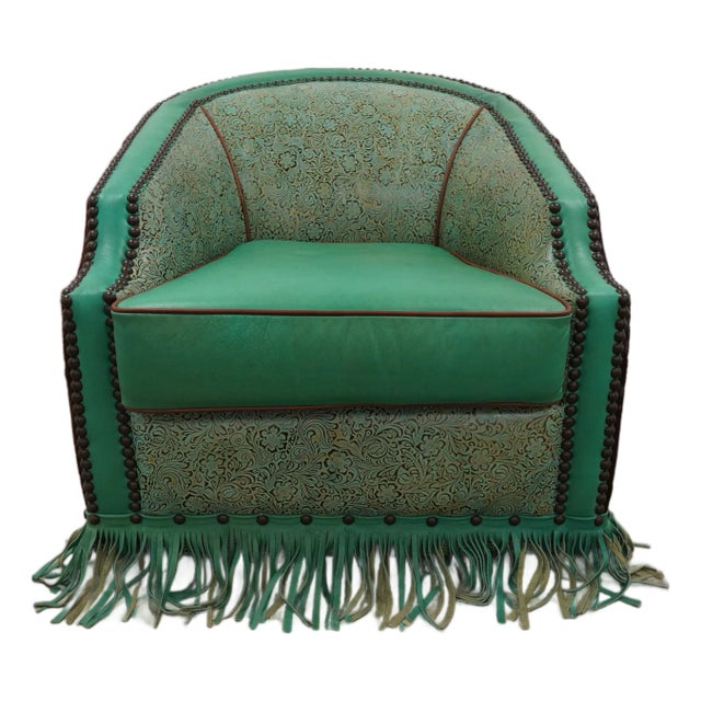 Western-Style Embossed Leather Swivel Barrel Chair For Sale