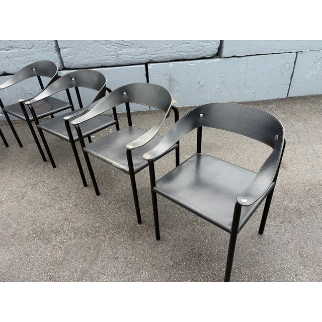 Set of Eight Attributed Artelano Black Leather Arm Chairs, Italy 1980s For Sale - Image 11 of 18