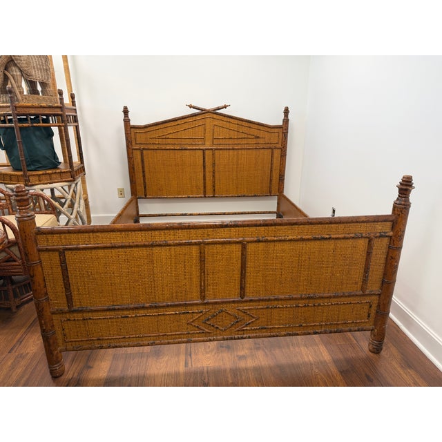 Wood Vintage British Colonial Style Faux Tortoise Bamboo & Woven Rattan Queen Bed For Sale - Image 7 of 12