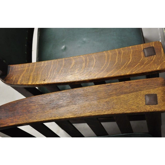 Early 1900s Mission Oak Arts & Crafts Stickley Jm Young Style Lounge Arm Chairs Green - Pair For Sale - Image 11 of 12